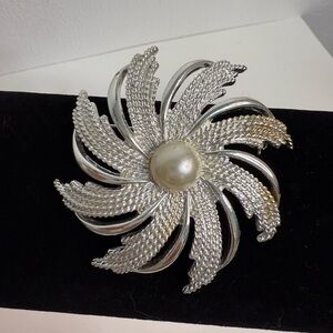 Sarah Coventry Silver Floral Brooch with Pearl Accent